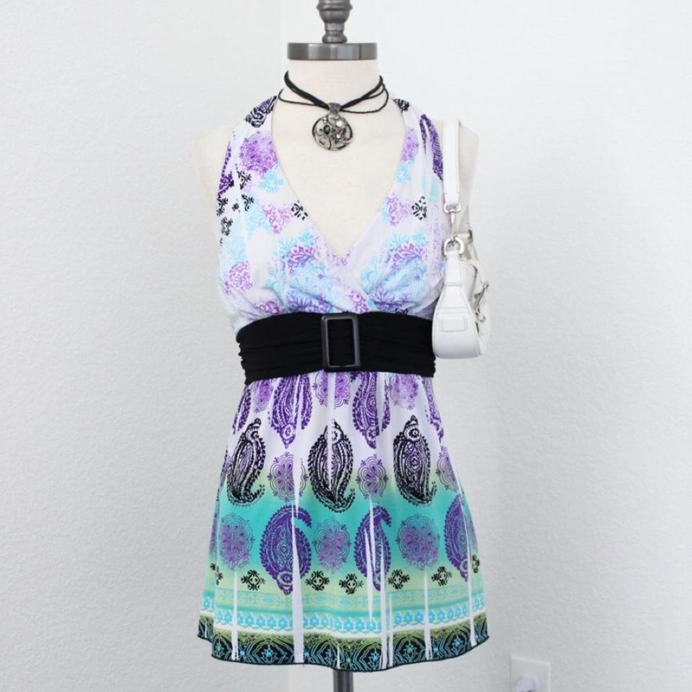 Y2k Wrapper backless halter top with mulitcolor paisley and a black tie detail
